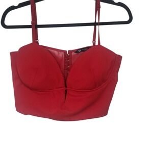 Zara Woman Red Corset Top Bustier Boning Hook Eye Strap‎ Sleeveless XL